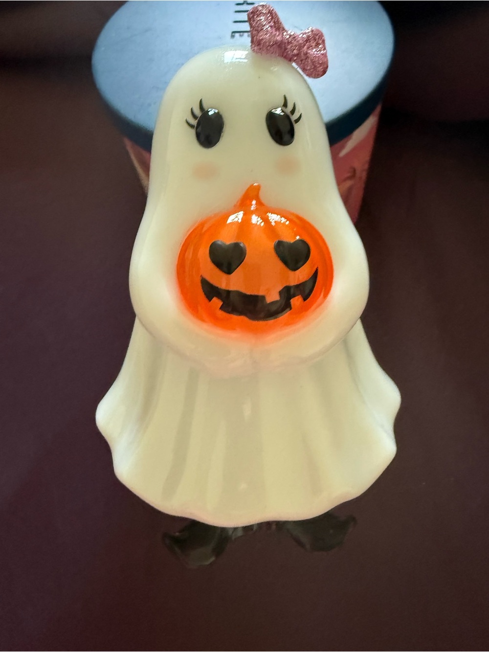 Cute Ghost Figurine Holding Pumpkin - White & Orange